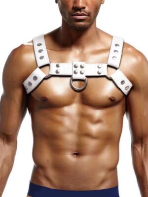 Bold White Leather Chest Harness for Men