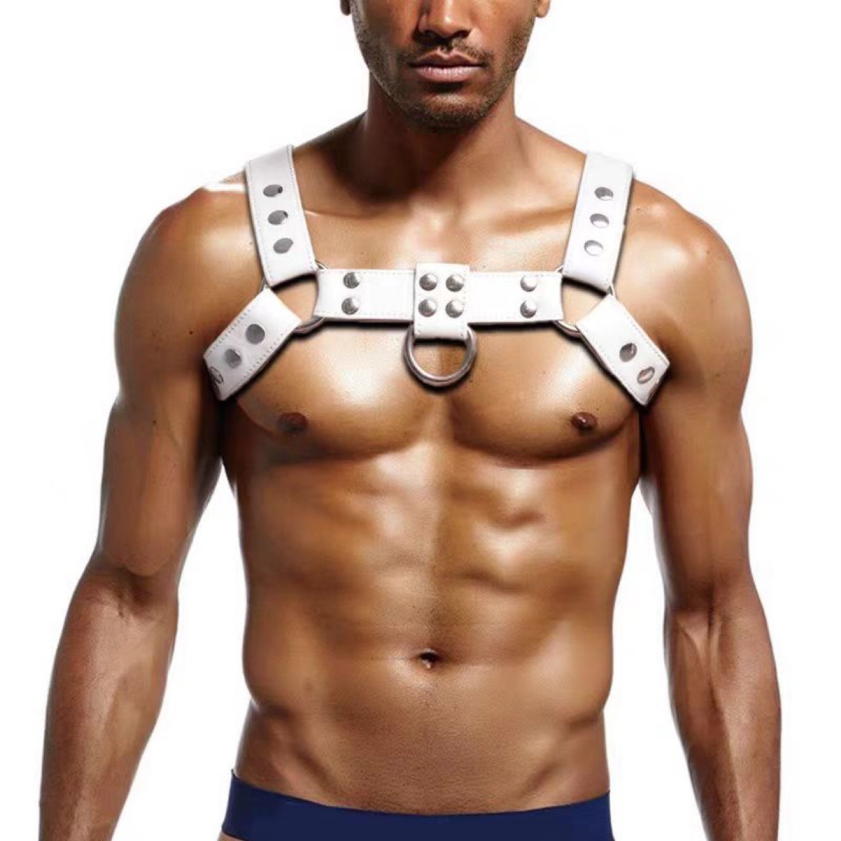 Bold White Leather Chest Harness for Men